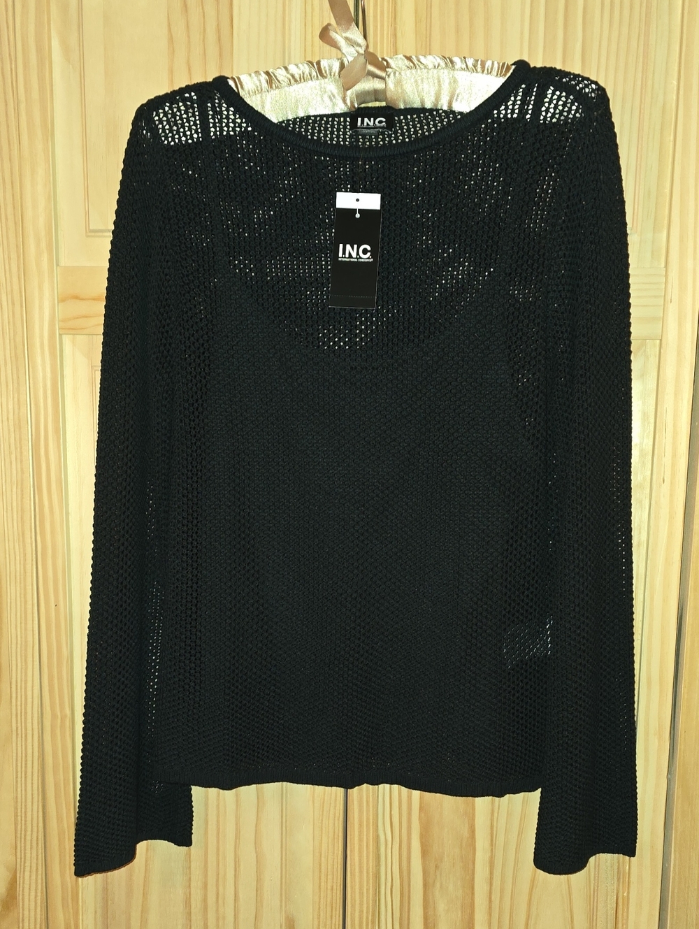 INC International Concepts Black Open-Weave Long Sleeve Top